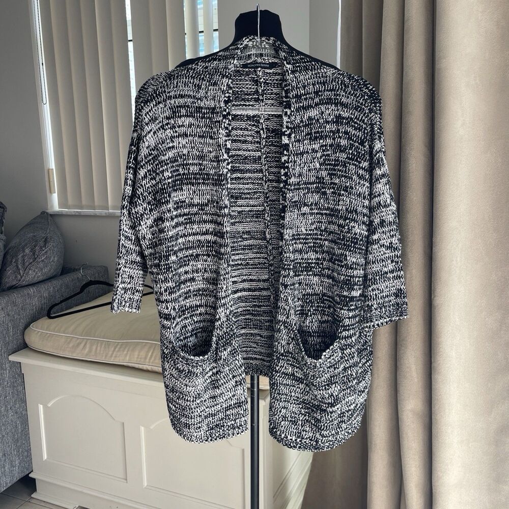 Monoprix Open Cardigan Black White 3/4 Short Sleeve Sweater Chunky Knit M